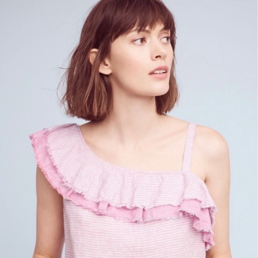 Anthropologie Holding Horses Ruffle One Shoulder Linen Tank Top Pink Striped